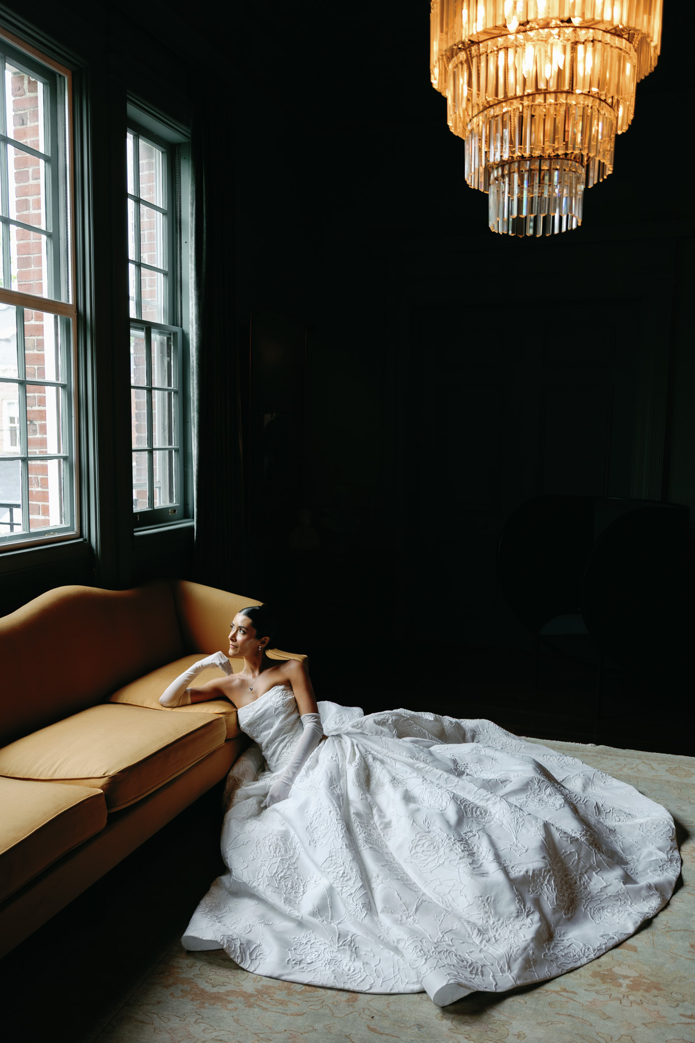 dramatic cinematic bridal portrait before wedding at newport mansion in rhode island at rosecliff